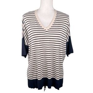 Weekend Max Mara Oversized Cream & Navy Blue Stripe Knit V-neck Sweater Size XS